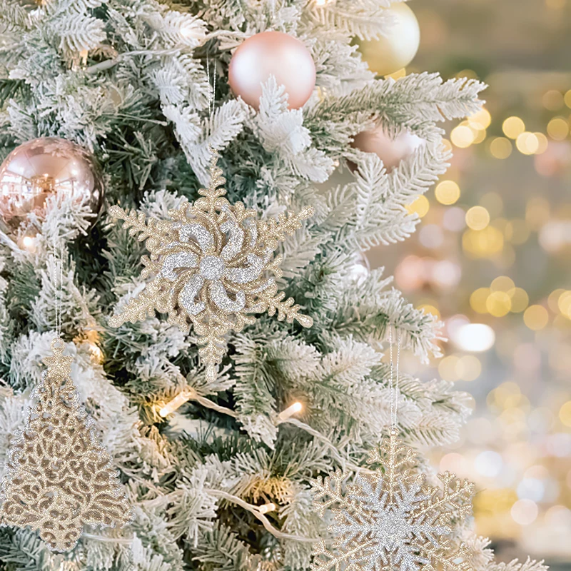 Christmas Tree Oranments Glitter Snowflake Xmas Tree Wreath Hanging Pendants for Merry Christmas Decoration Happy New Year Gifts