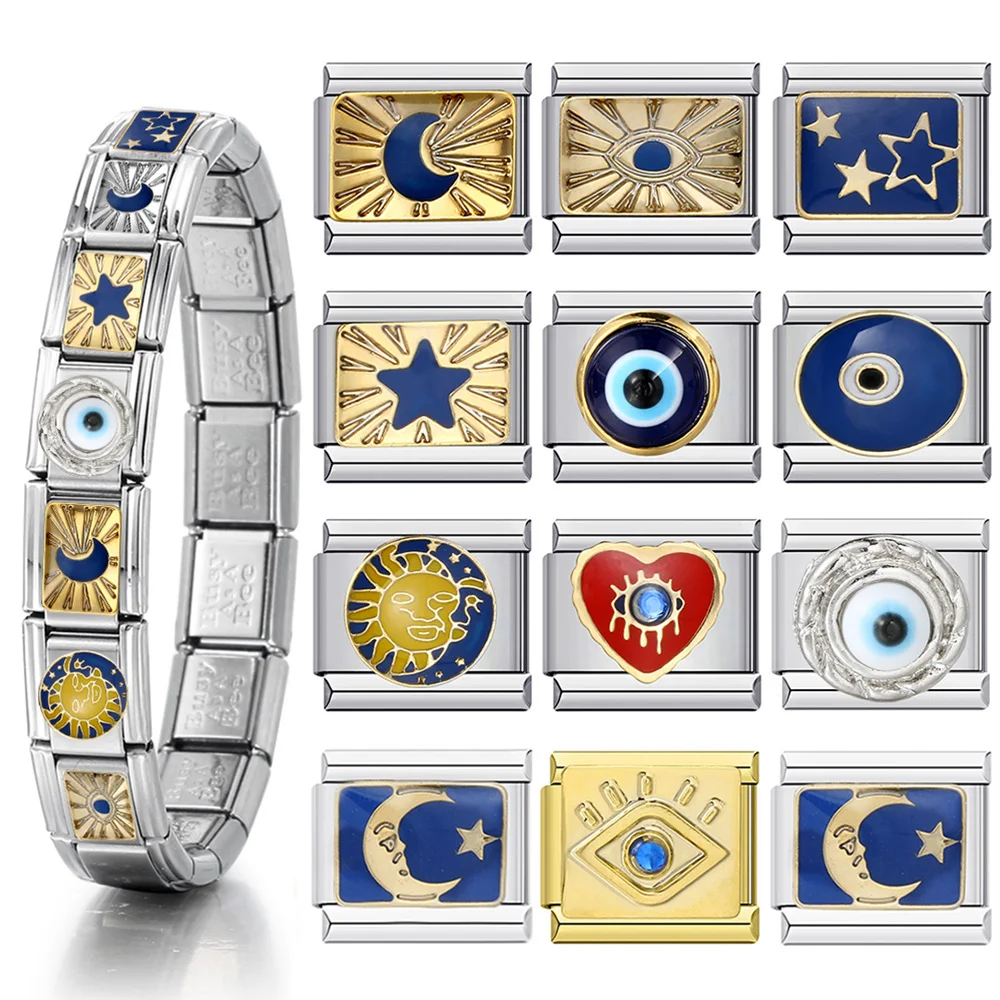 Único Y2K gótico Demon Eyes misterioso sol Luna estrella italiano encanto pulsera de acero inoxidable DIY hacer accesorios de joyería
