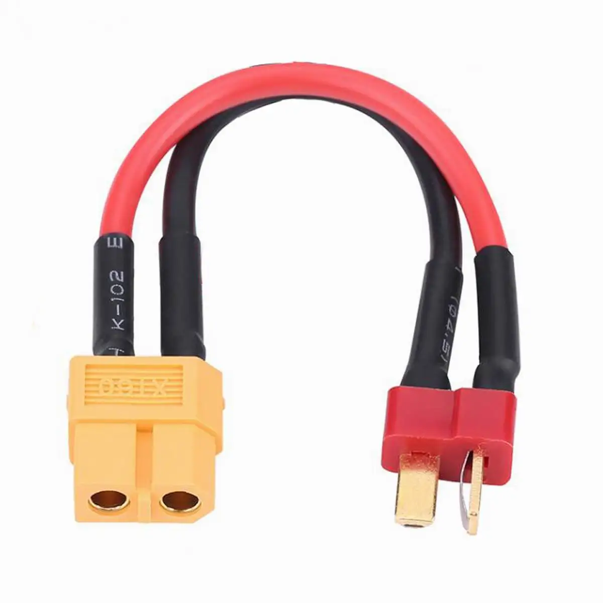 Adaptateur XT60 mâle femelle vers Deans T-Plug 14AWG pour batterie Lipo RC, présenté sur fond blanc avec étiquette.