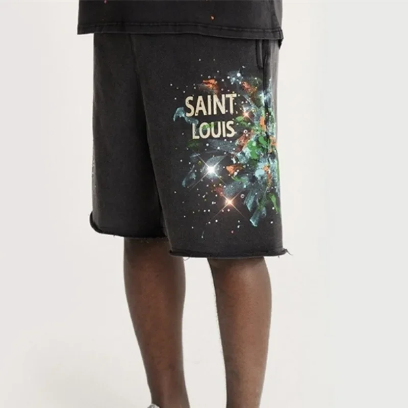 24ss Washed Blcak SSSAINT LOUIS Shorts For Men Women 1:1 Best Quality Speckled Ink SAINT LOUIS Drawstring Shorts