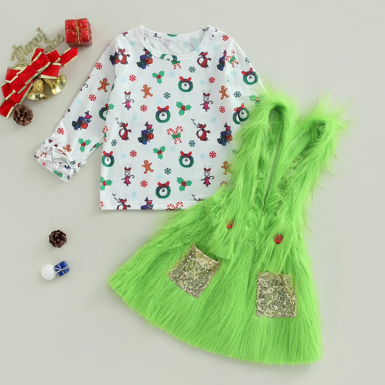 

Kids Girl Cosplay Costume Outfits Monster Print Frills Long Sleeve T-Shirts Green Fur Suspender Skirts 2Pcs Clothes Set