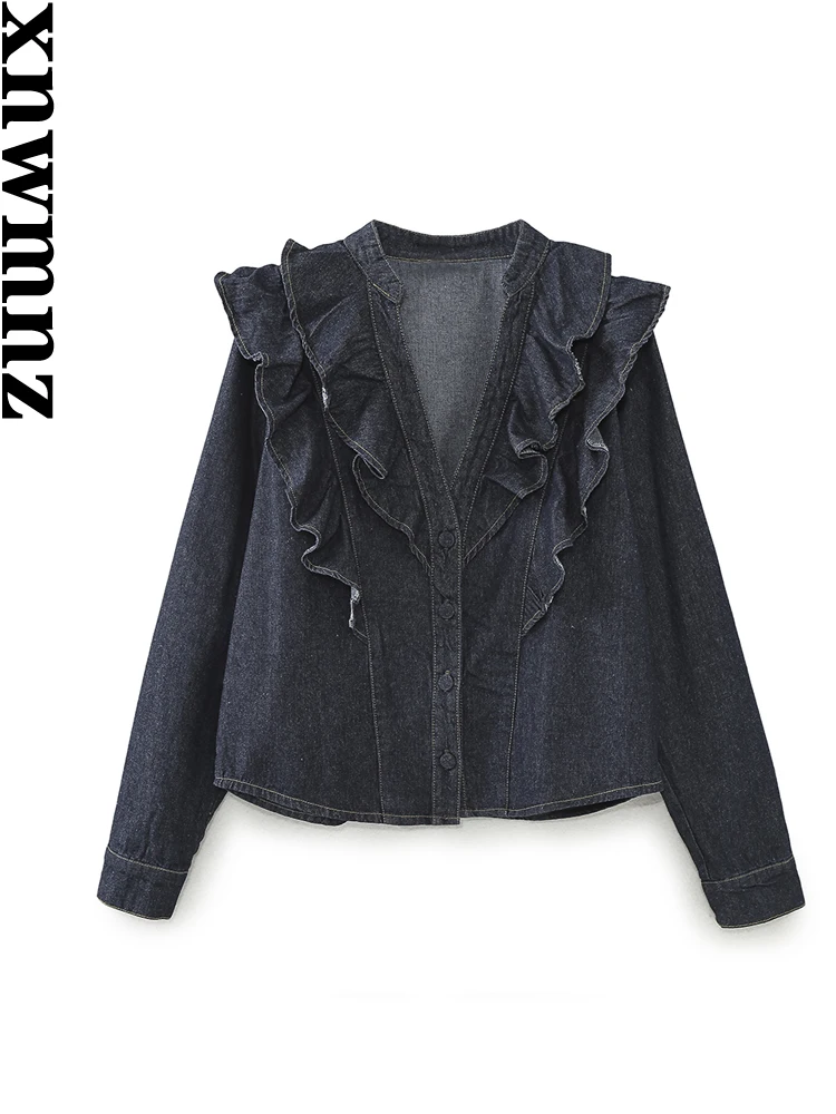 

XNWMNZ Women's Fashion 2023 Denim Ruffle Shirt Women Vintage V-neck Long Sleeve Front Button Versatile Female Blouse