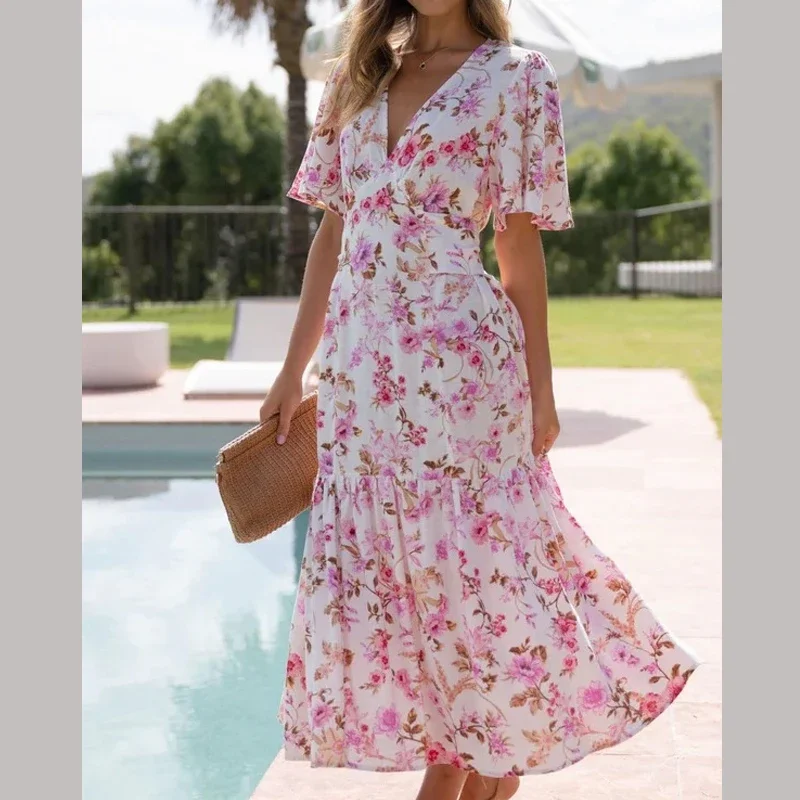 

fashion Summer Elastic Long Dress sexy deep V-neck Short Sleeve Loose Party maxi Dress Women Floral print Bohemian Beach Dress