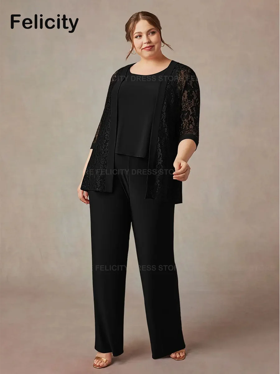 

Plus Size Mother of the Bride Dresses 2023 Jumpsuit/Pantsuit with Jacket O-neck Wedding Guest Dress Pocket Lace Evening Gowns