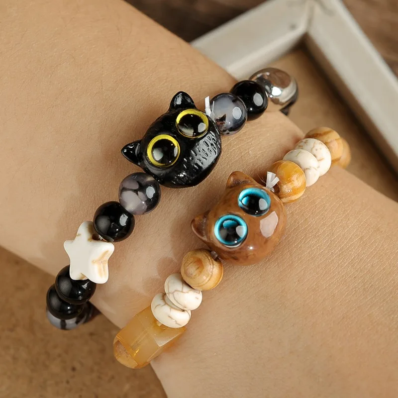 New Lovely Black Cat Bracelet Women Men Cute Cartoon Bangle Funny Animal Beaded Wristband Girls Lovable Handmade Jewelry Gifts