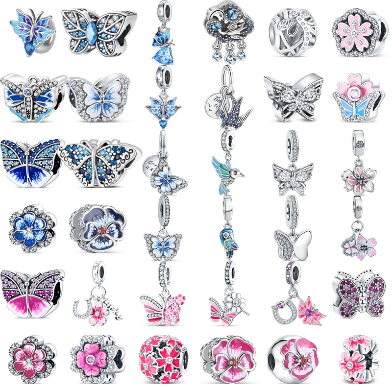 

925 Sterling Silver Pink Blue Butterfly Flower Dragonfly Pendant Charm Bead Fit Pandora 925 Original Bracelet DIY Making Jewelry