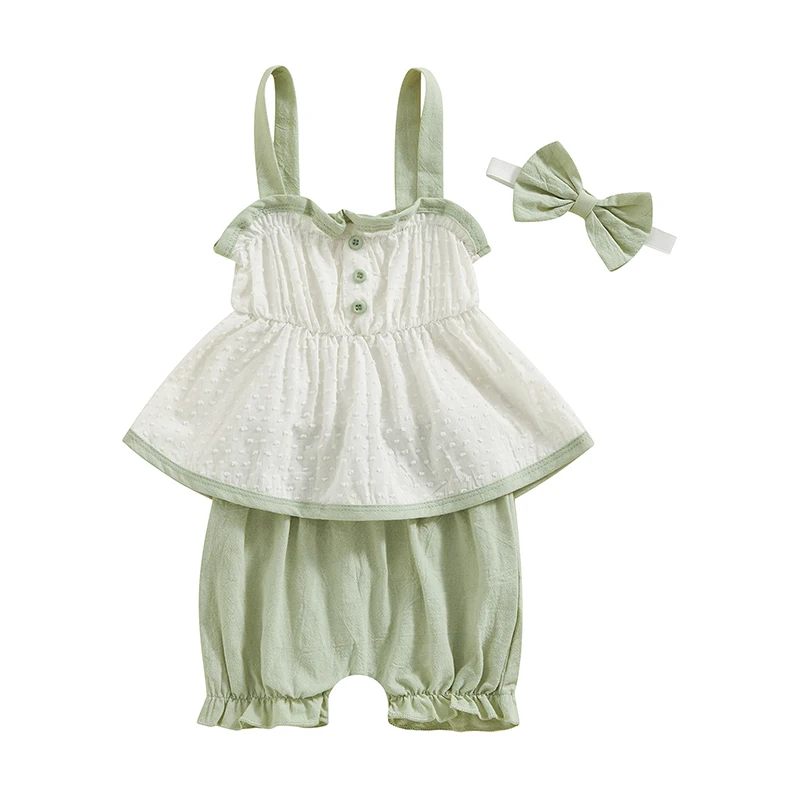 Summer Toddler Baby Girl Set Cami Tops + Elastic Waist Shorts + Bow Headband Outfits Clothes