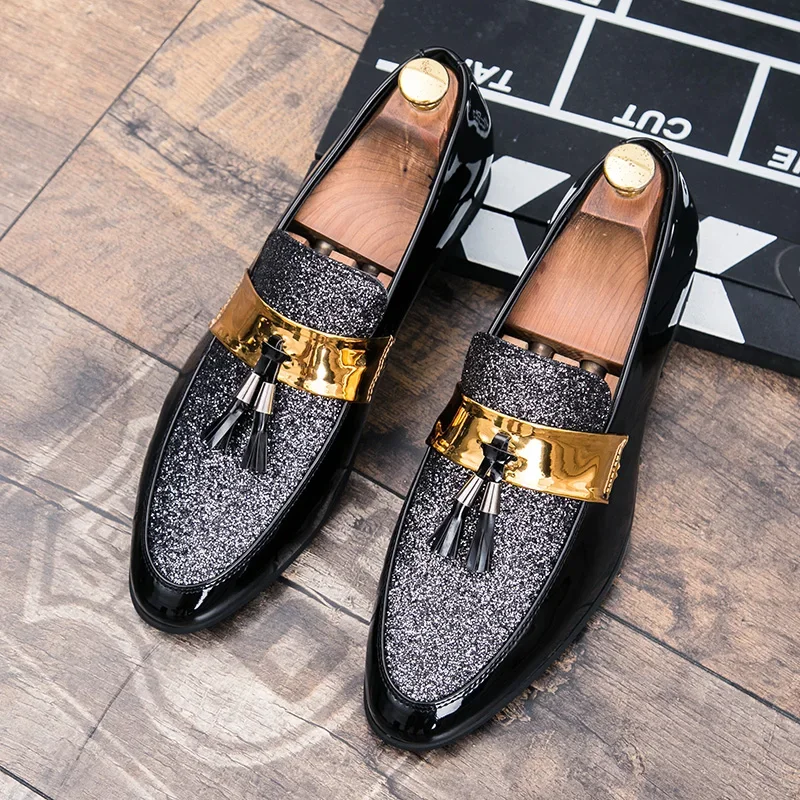 

Hairdresser Loafers Men PU Spliced Tassel Knot Decorative Round Toe Low Heel Anti Slip Business Men Casual Shoes