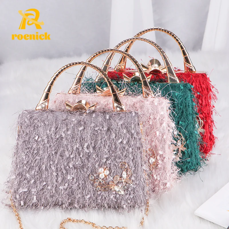 

ROENICK Women Tassel Evening Handbags Lady Wedding Dress Red Square Evening Bags Luxury Designer Shoulder Totes Party Minaudiere