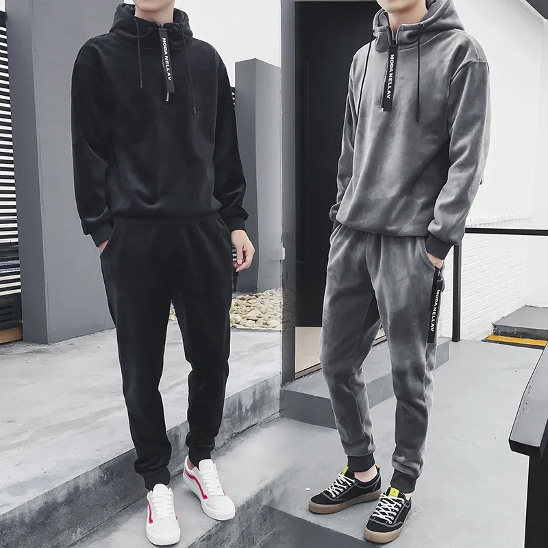 남자 겨울 골드 벨벳 세트 남자 플러스 벨벳 두꺼운 후드 바지 따뜻한 스웨터 겨울 Tracksuits
