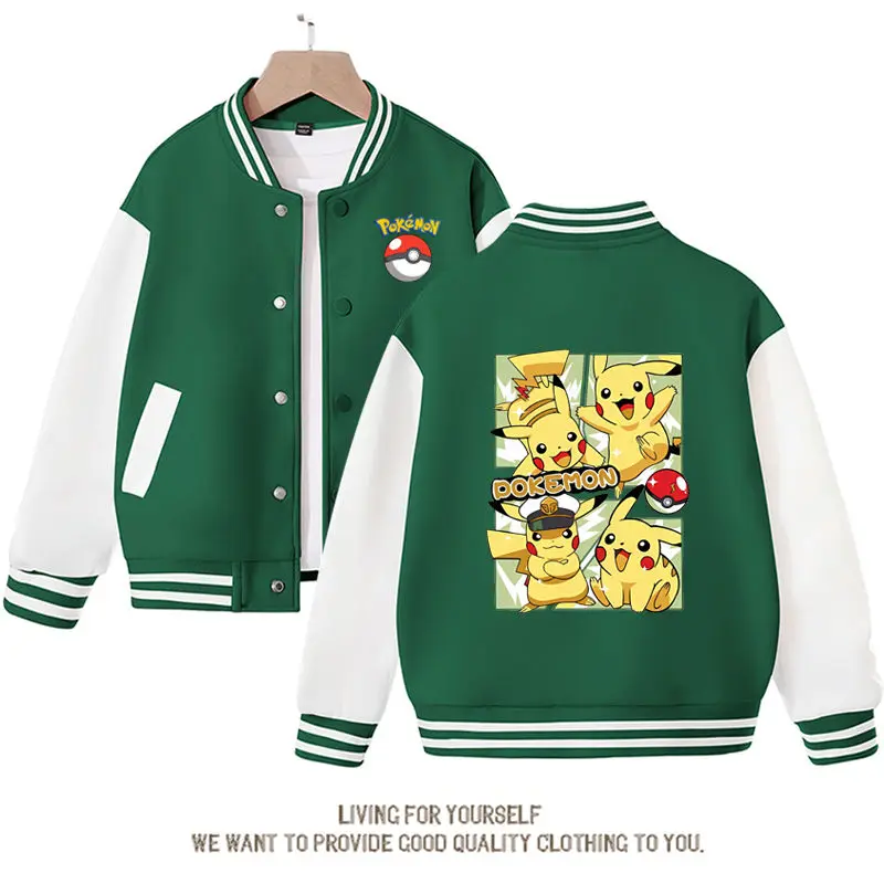 

Pokemon Anime Pikachu Baseball Uniform Spring and Autumn Children Color Matching Jacket Cute Cartoon Girl Clothing Birthday Gift