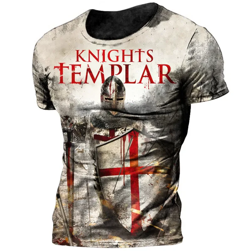 

European And American Retro Templar Cross 3d Printed Men's T-Shirt Summer Breathable Crewneck Loose Short Sleeve