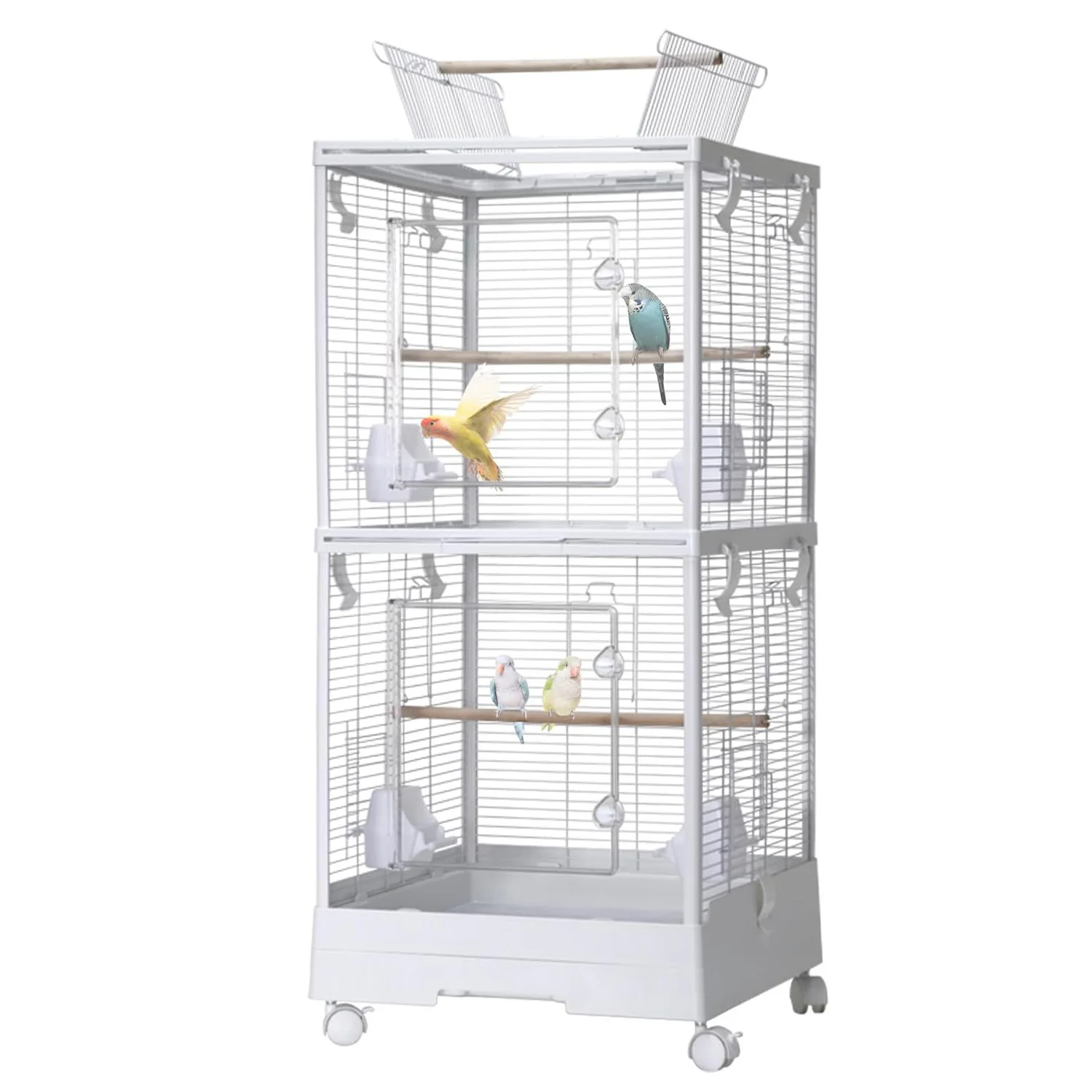 Teilbarer 2-in-1-Doppelflugkäfig, Vogelkäfig aus Metall mit Spielplatte und Rollständer, Lebensmitteltassen, ausziehbares Tablett und Sitzstangen – Detail 1