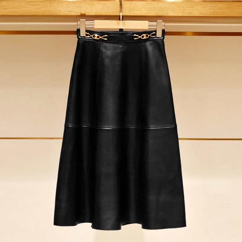 

Genuine Leather Skirt, New Year's Commuting Style, High Waisted, Slimming Metal Decorative Umbrella Skirt, Sheepskin Half Skirt