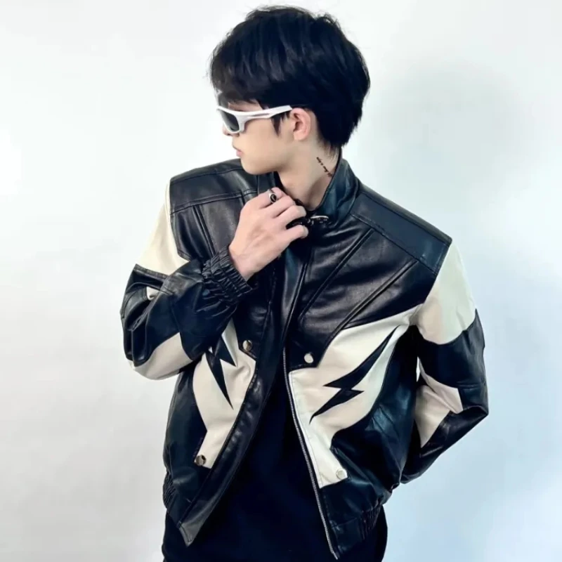 

New retro patchwork design PU leather jacket for men, loose casual American motorcycle wear cycling jacket, unisex mens jacket