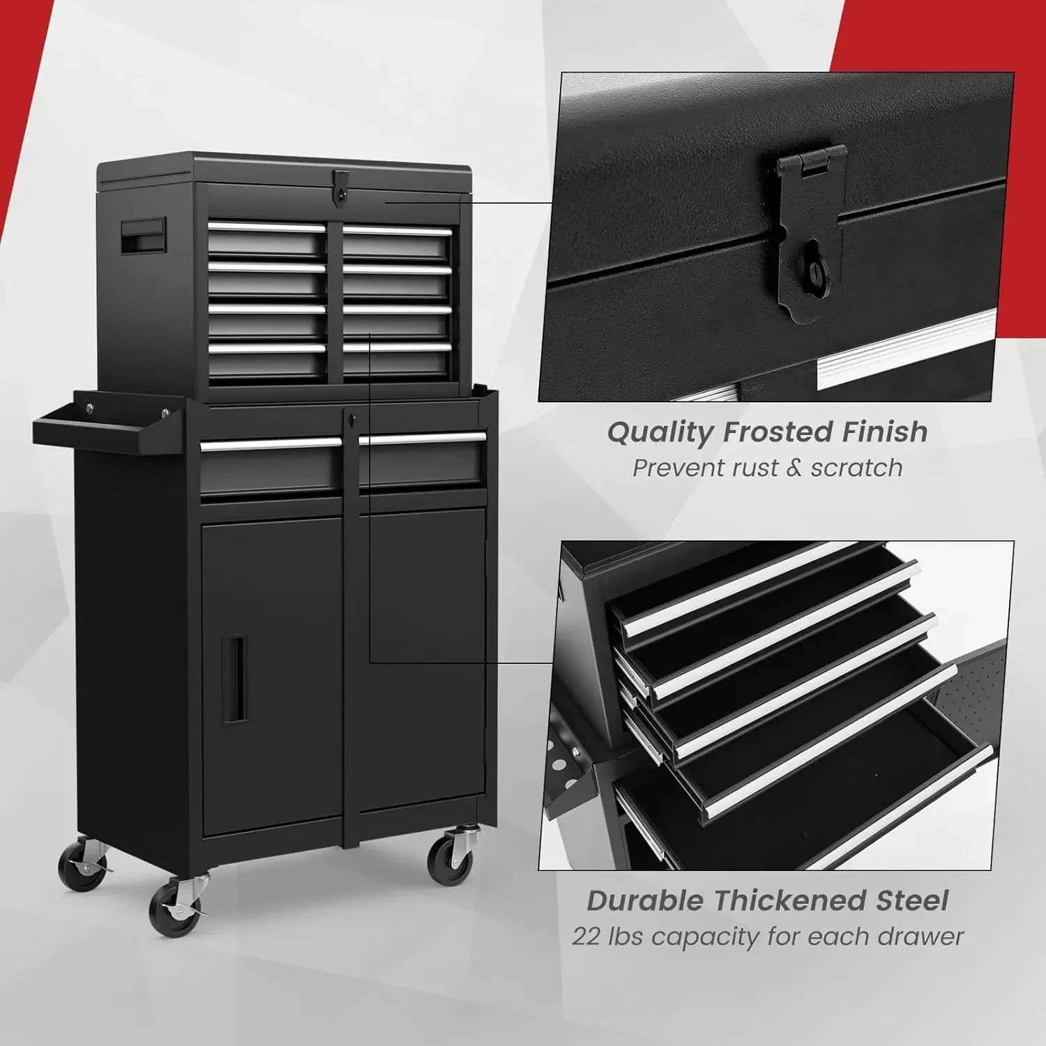 Tool Chest Cabinet Rolling- Heavy Duty Material & Lockable Top-Box & Storage Cabinet for Garage and Workshop - 5-Draw 6