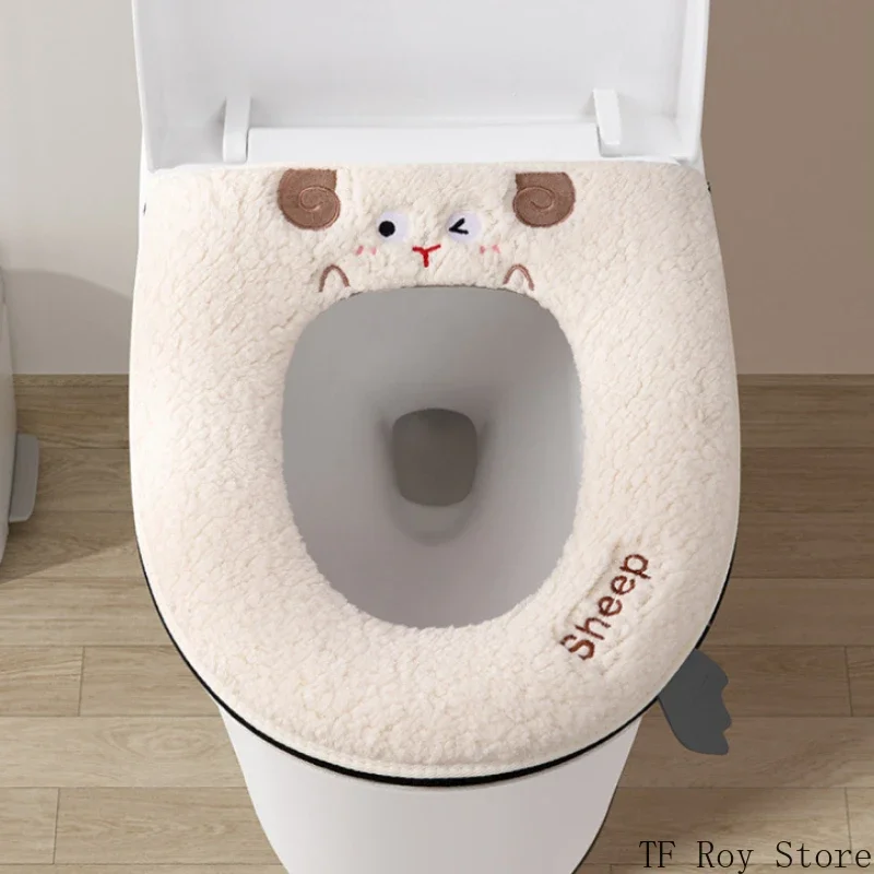 Cartoon Sheep Zipper Toilet Mat Lamb's Wool Toilet Seat Cover Universal Waterproof Toilet Seat Cushion Bathroom Accessories 2