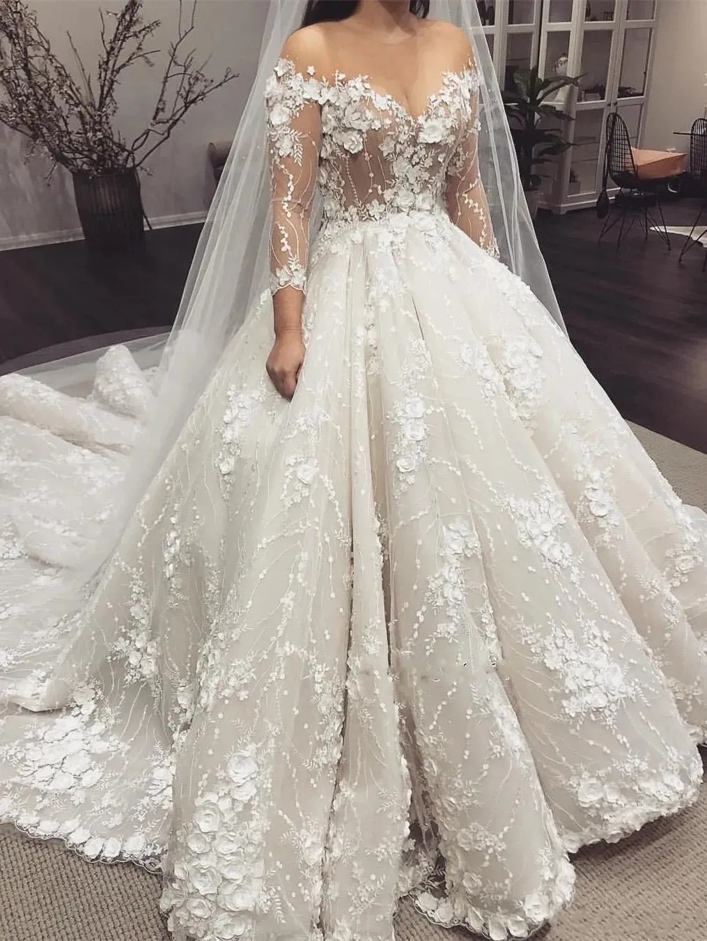 

2023 Newest 3D Lace Flower Wedding Dresses Long Sleeves Sheer O-Neck Ball Gown See Through Bridal Gowns Vestidos De Novia Custom