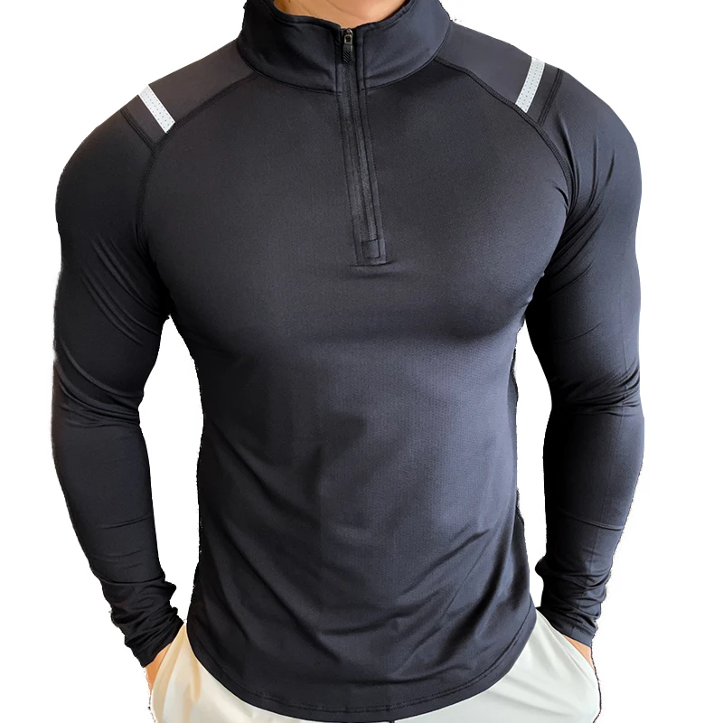 Spandex Long Sleeve finger Men Running Fitness Tshirt elastic Quick Dry Sports Bodybuilding Training stand collar Shirts 6