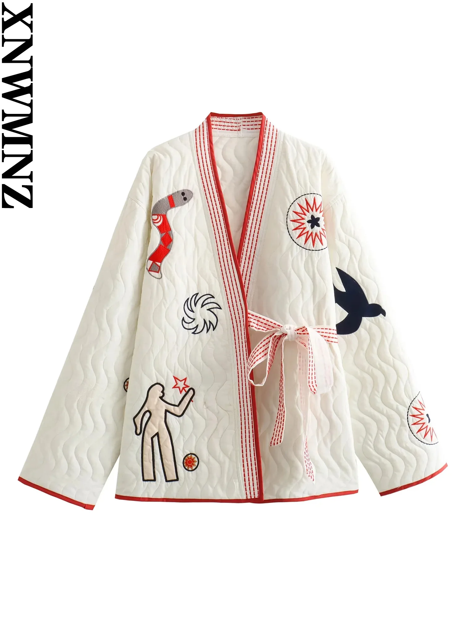 

XNWMNZ Женская мода 2023 осень/зима вышитые стеганые кимоно женское с длинным рукавом галстук универсальное Женское пальто