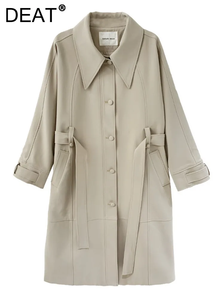 

DEAT Fashion Women's Trench Coat Belt Lapel Long Sleeves Single Breasted Patchwork Pockets Windbreaker Autumn 2024 New 7AB812