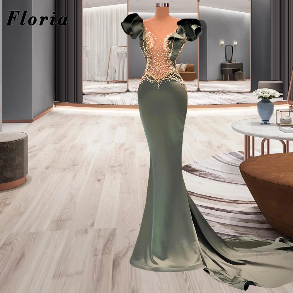 

Floria Custom Made Beading Evening Dresses Turkish Dubai Mermaid Long Train Formal Prom Dress Luxury Women Wedding Party Gowns