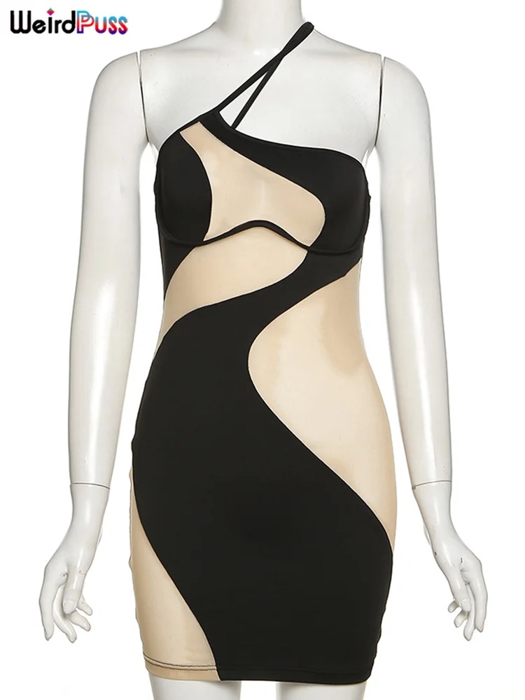 Weird Puss 2022 Mesh Patchwork Sexy Dress Women Sleeveless One Shoulder Skinny Summer Vacation Birthday Party Clubwear Bodycon 6