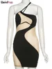 Weird Puss 2022 Mesh Patchwork Sexy Dress Women Sleeveless One Shoulder Skinny Summer Vacation Birthday Party Clubwear Bodycon 6