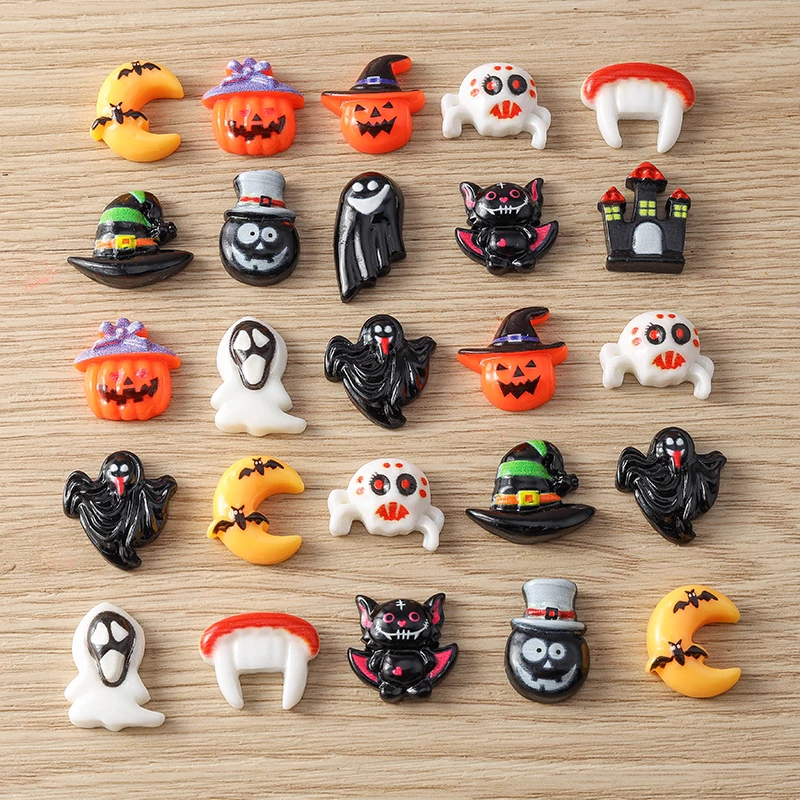 Tusember 10 Stück Halloween-Anhänger aus Harz, flache Rückseite, Kawaii-Motiv: Mond, Spinne, Fledermaus, Kürbis, Geist für DIY-Nagelkunst, Haarspangen, Broschen-Dekoration