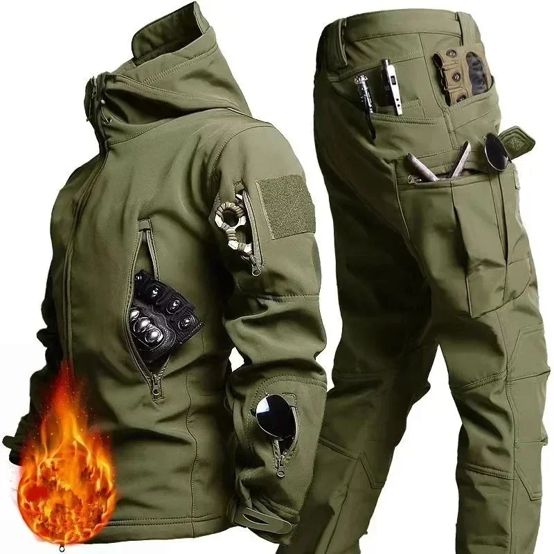 Abroad Shark Skin Material Soft Touch Shell Winter Plush Thickened Mountaineering Tactical Training Waterproof and Windproof Set