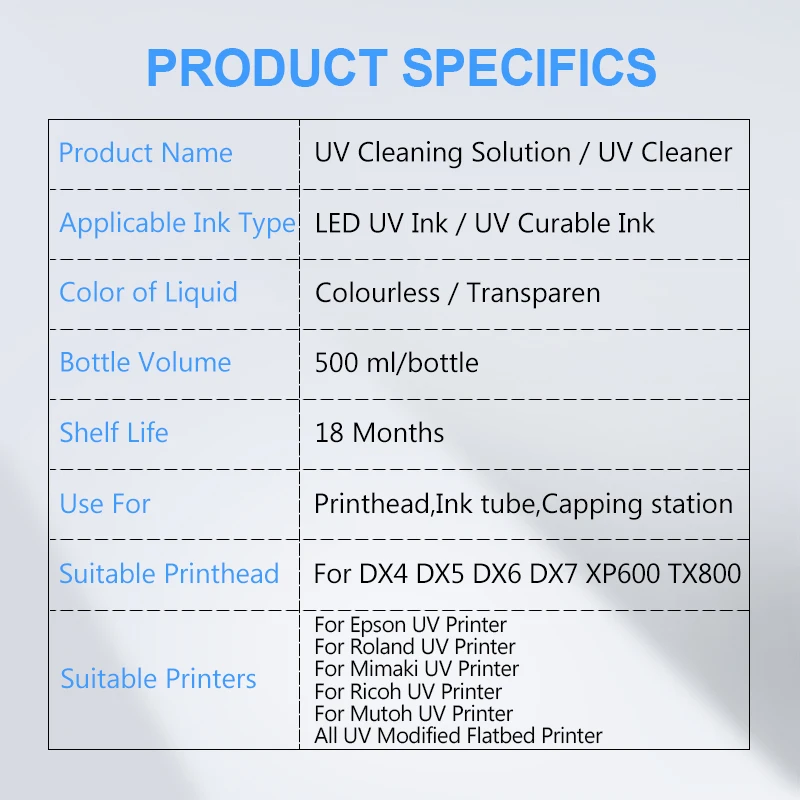 500ML UV Cleaning Liquid Epson Roland Mimaki Ricoh Konica UV Modified Printer Cleaning Fluid Printhead Solution inkjet printer cleaning kit printer cleaner