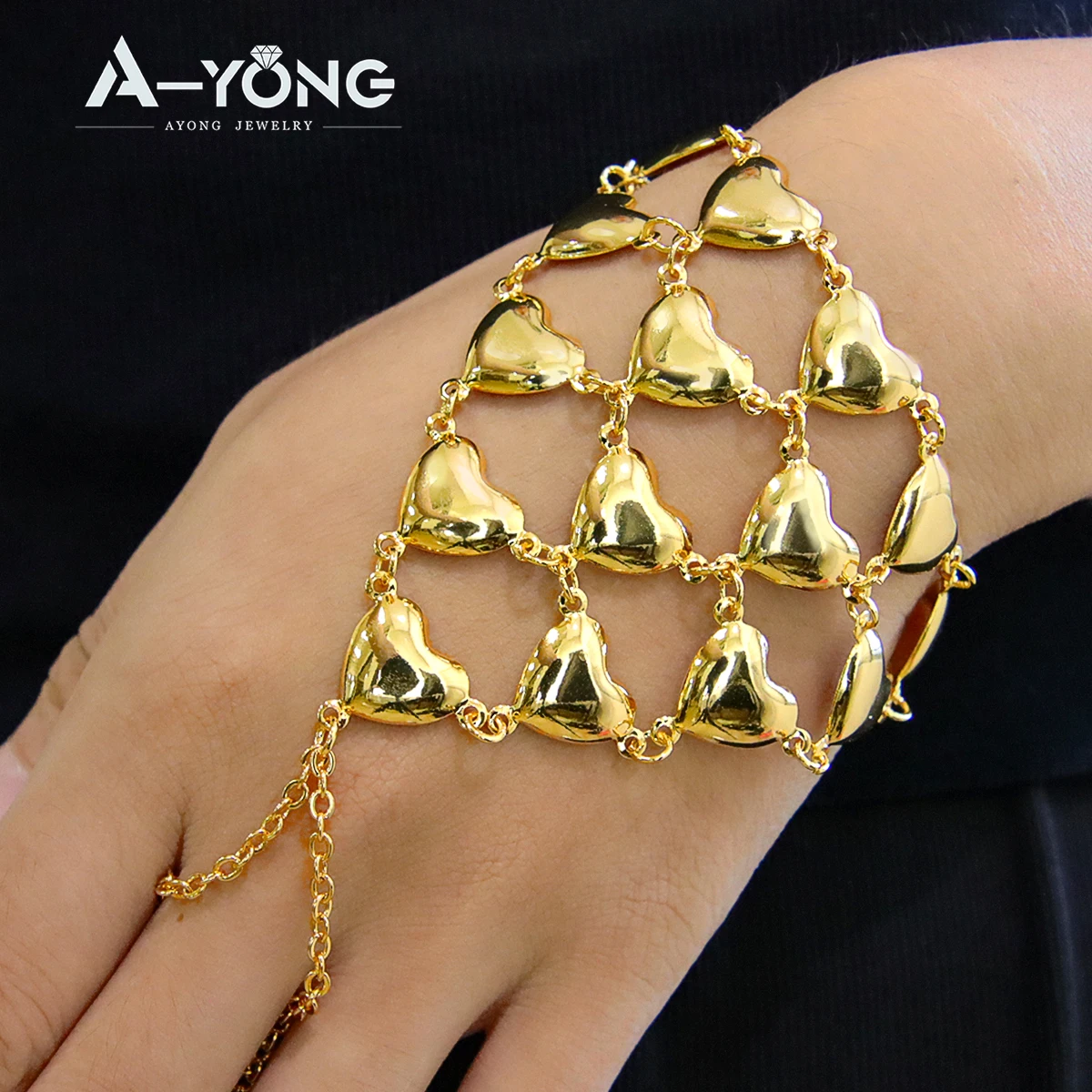 Arab Gold Color Bracelet with Finger Ring 18k Gold Plated Dubai