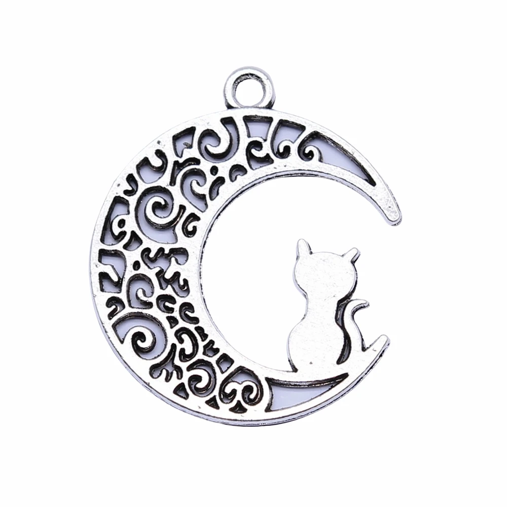 Antique Silver Color Moon Cat Charms Pendant For Jewelry Making DIY Jewelry Findings 10pcs,silver charm,silver charms,jewelry charms,metal charm
