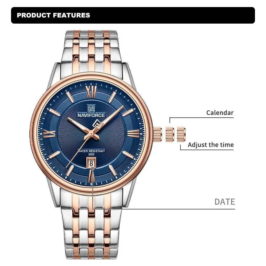 NAVIFORCE Brand Fashion Men's Quartz Watch Stainless Steel Strap Waterproof Luminous Couple Date Wristwatches Relogio Masculino