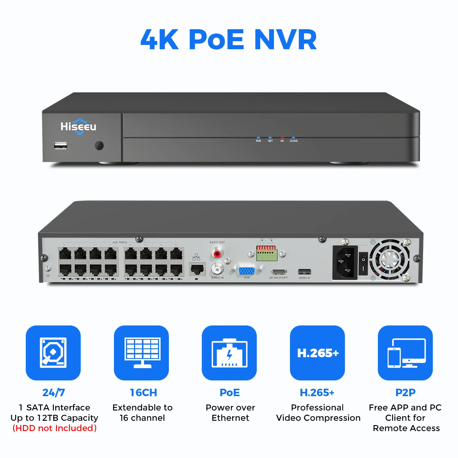 4K 8MP HD Face Recognition 16 Channel Network Video Recorder Smart P2p H.265 Poe Nvr System Support 2 SAT