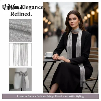 Sciarpa in tessuto con frange e nappe, lunga e fluida, tinta unita, cintura a fascia per la vita, accessorio elegante per le vacanze in stile orientale