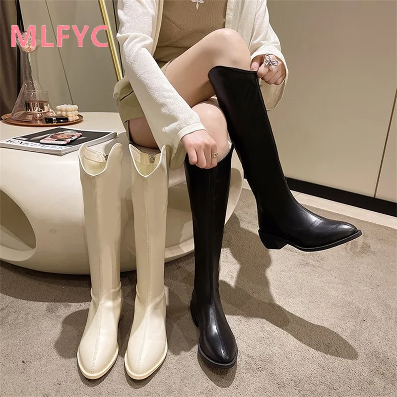

White long boots, pointed V-neck Western cowboy boots, knee length, slim and tall, retro knight boots