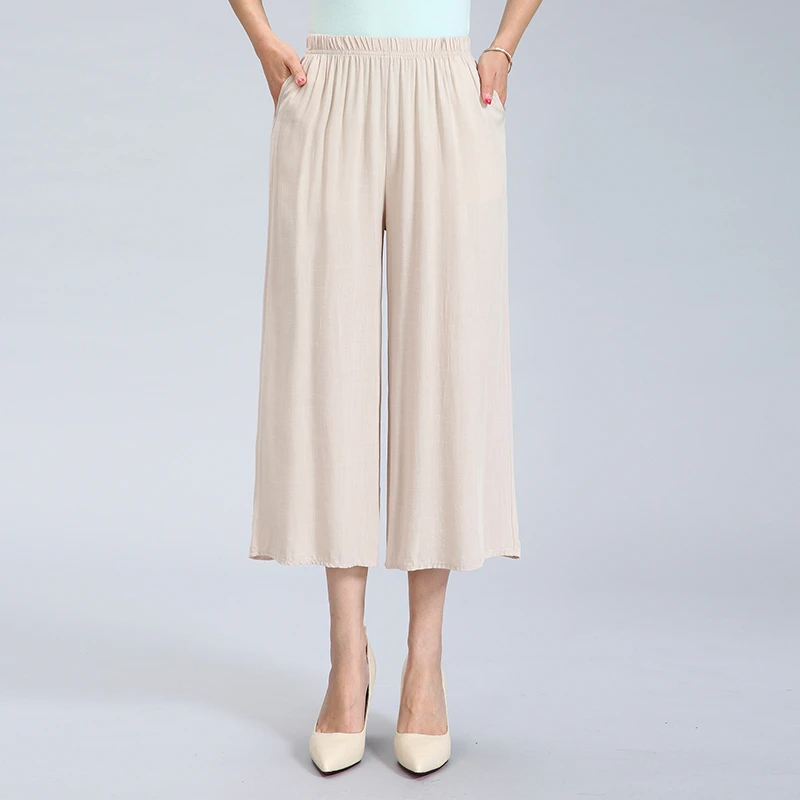 

Women's Fashion Wide Leg pants Casual Summer Linen High Waist Elastic Waist Loose Culotte Trousers Cropped Pants