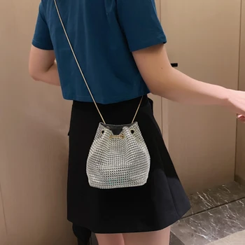 여성용 라인석 버킷 모양 크로스바디 백, 이브닝 파티 클러치, 스토리지 토트, 빛나는 숄더백, 체인 핸드백