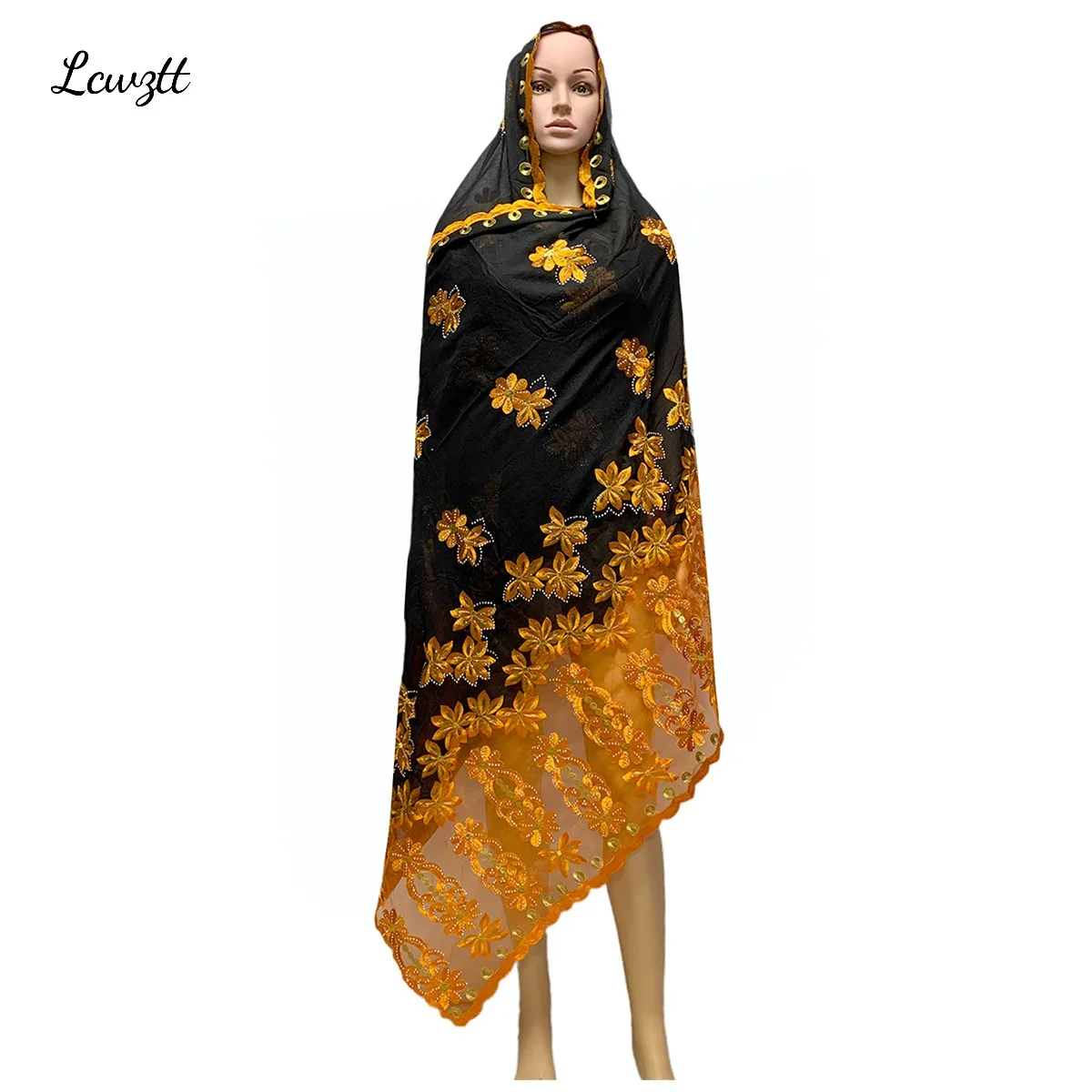 2023 Hot Sale Fashion Muslim  African Women Dubai Scarf Big Size Embroidery Cotton splicing with Net Women Hijab Scarf  Sc-80