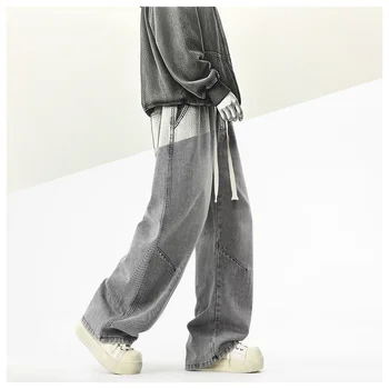 2025 Hip-hop Baggy Denim season elastic waist New Korean Men's Jeans American Loose Fit Wide-leg Straight Casual Trousers Street 1