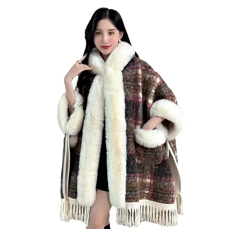 Winter Women Striped Poncho Cape Thicken Granular Velvet Warm Batwing Sleeves Long Cloak Faux Fur Streetwear Overcoat With Hat