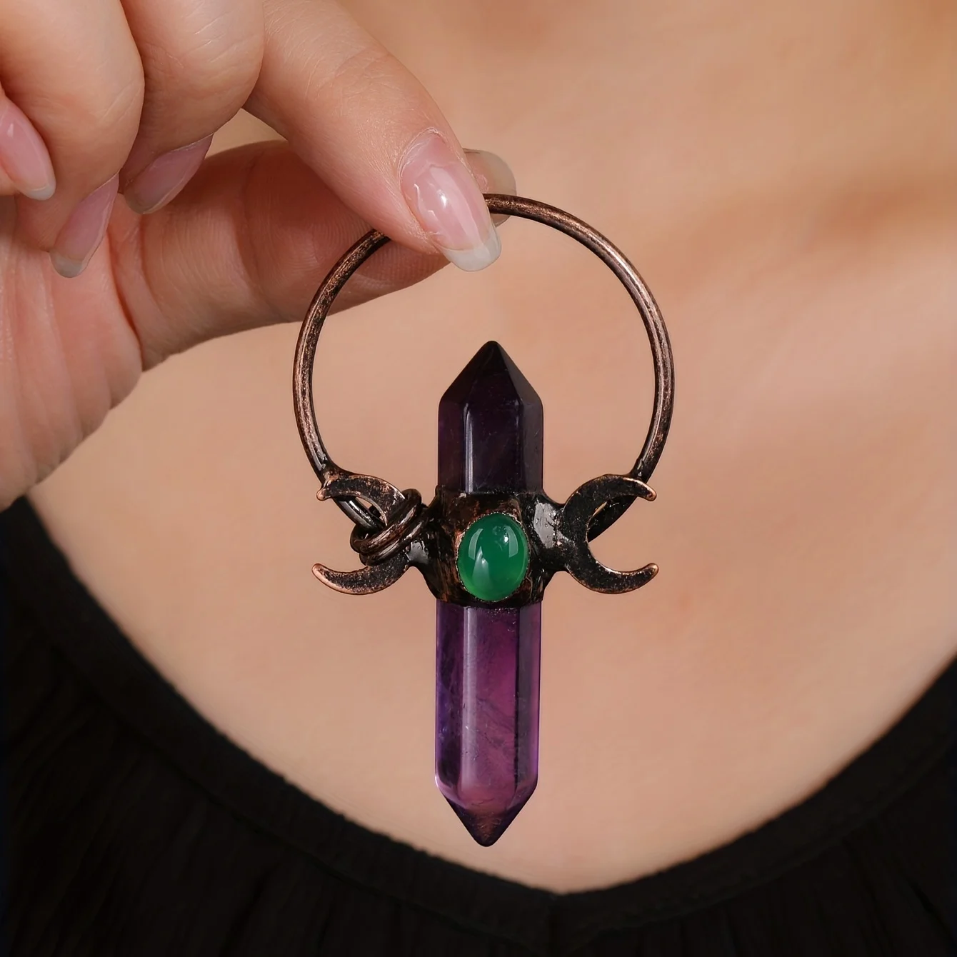 YEEVAA 1pc Amethyst Hexagonal Prism Inlaid With Green Agate Double Moon Pendant Perfect For Women Gift Jewelry Necklace