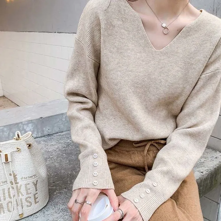 

Sweater for Women 2023 Autumn New Loose Korean Fashion Long sleeved V-neck Pullover Knitted Bottom Top for Women