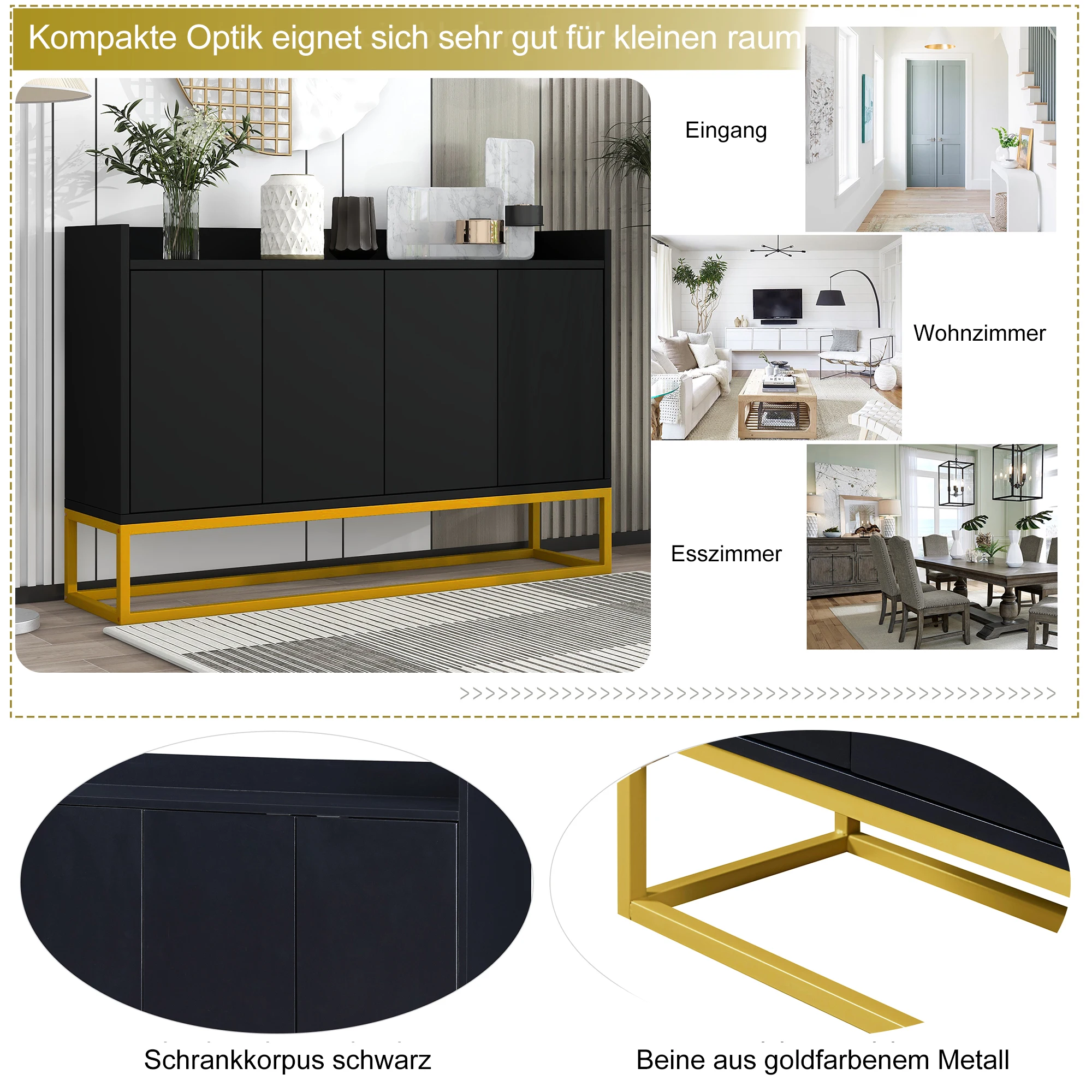 Elegantes modernes Sideboard – Aufbewahrungsschrank mit 4 Schubladen, Metallbodenregal, Kleiderschrank mit goldenem Sockel für Wohnzimmer, Esszimmer, Eingangsbereich – Detail 2