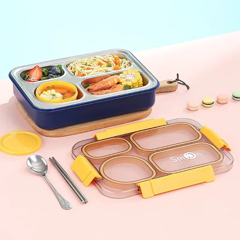 Stainless Steel 4 Divided Compartments Bento Lunch Box Kids Insulated Lunch Box for School Office Kitchen Food Storage Container