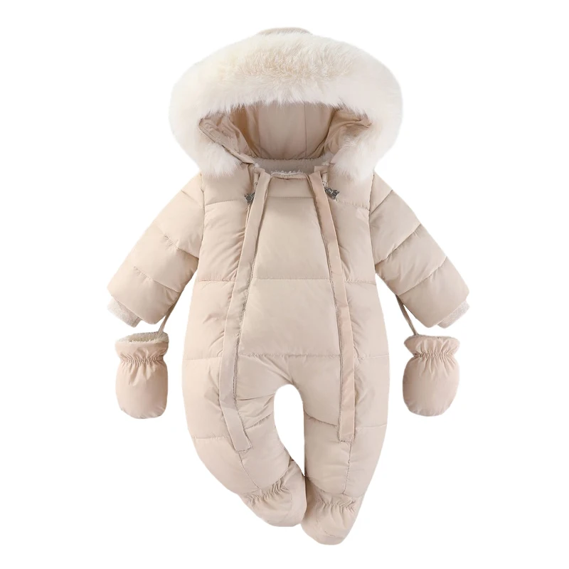 Winter Newborn Baby Romper With Gloves Warm Baby Girl Clothes Thicken Plus Velvet Jumpsuit Hooded Infant Clothing 0-18M baby jumpsuit
