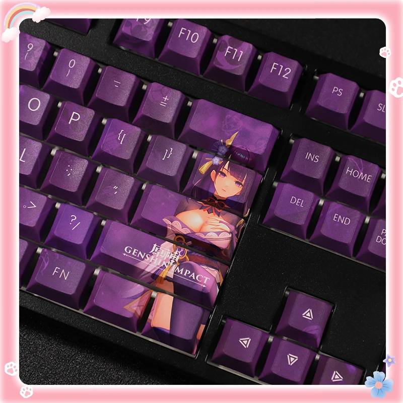 Chaves Conjunto Genshin Impacto Raiden Shogun Tema Pbt Keycaps para Teclado Mecânico Jogo Anime Japonês Design Personalizado Bonito Menina 108 - Imagem 5