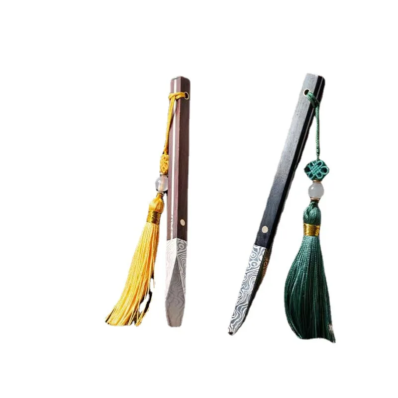 Zen Tea Knife Handmade Tea Needle Black Sandalwood Damascus Pattern Steel Puer Knife Set Accessories tea cutter tea needle set tea making tools