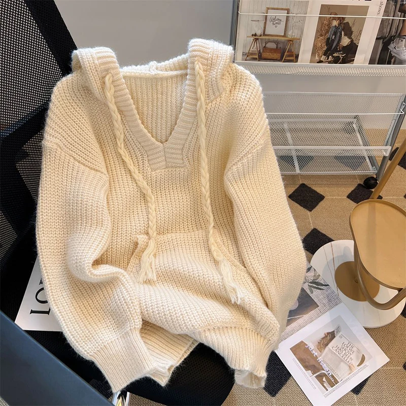 Autumn Knit Hooded Sweater for Women Korean Sweet Preppy Solid Pullover Y2K Harajuku All-Match Simp Knitting Jumpers Female New